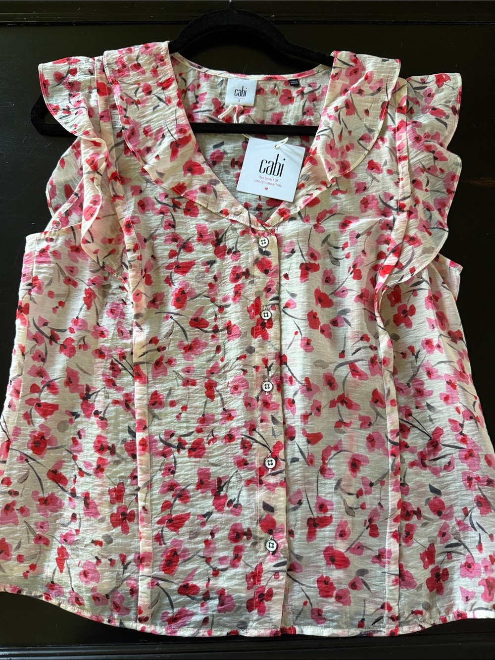CAbi Pink & Red Floral Ruffle Button Blouse